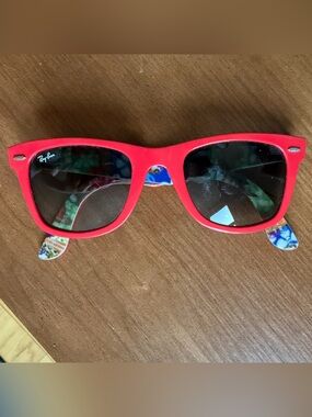 Ray-Ban Red Frame Sunglasses with Multi Color Patterned Interior
